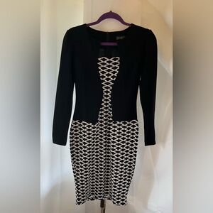 Elegant Black & White Patterned Long-Sleeve Fitted Dress
